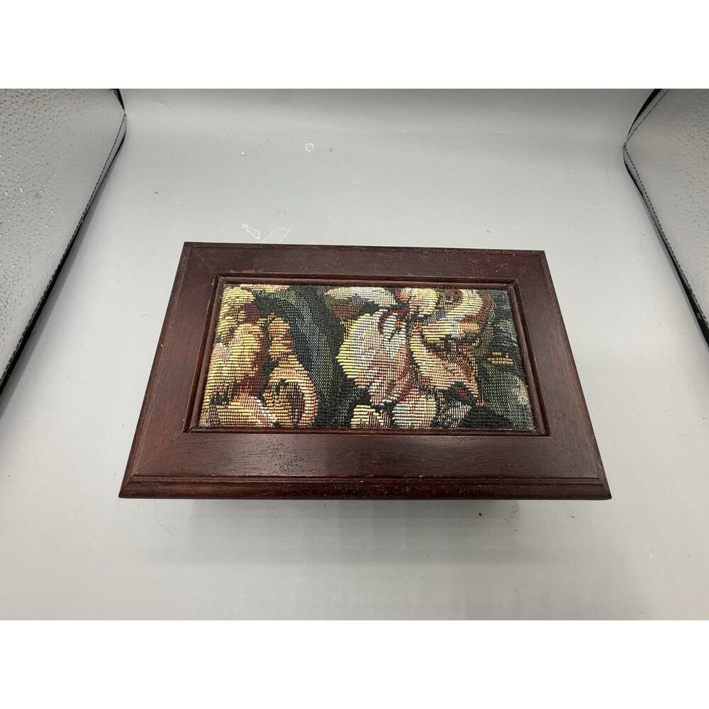 Vintage Floral Tapestry Wood Jewelry Box Ring Holder Mirror Lid Trinket Case
